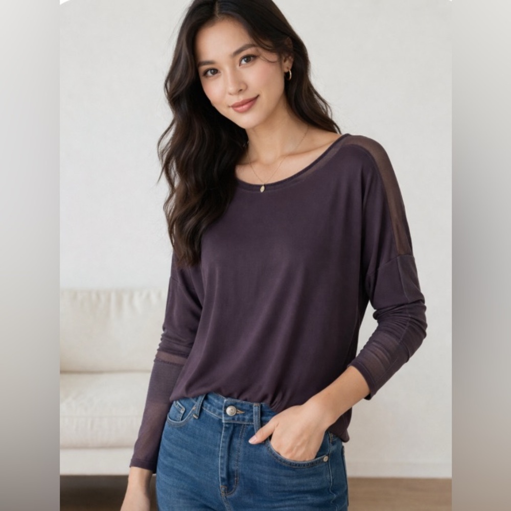 Vince Long-Sleeve Crewneck Top in Plum